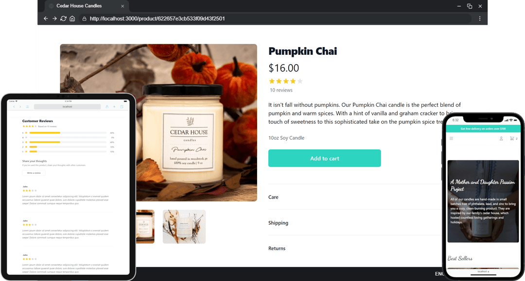 Screenshot of Cedar House Candles website with tablet, phone, and desktop views