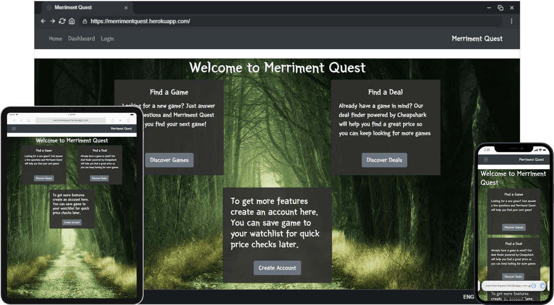 Screenshot of Merriment Quest website with tablet, phone, and desktop views