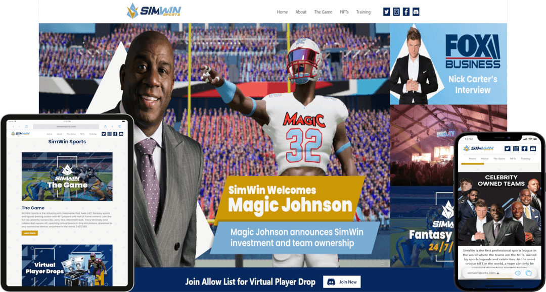 Screenshot of Simwin Sports website with tablet, phone, and desktop views